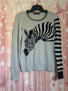 Colin’s Gray Crewneck Black Felted Zebra Striped Sleeve Sweater Size XS